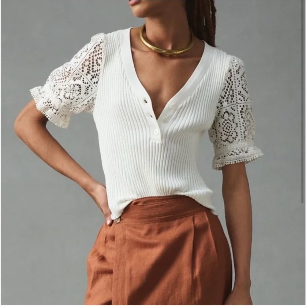White Lace-Sleeve V-Neck Ribbed Sweater - Picture 1 of 12